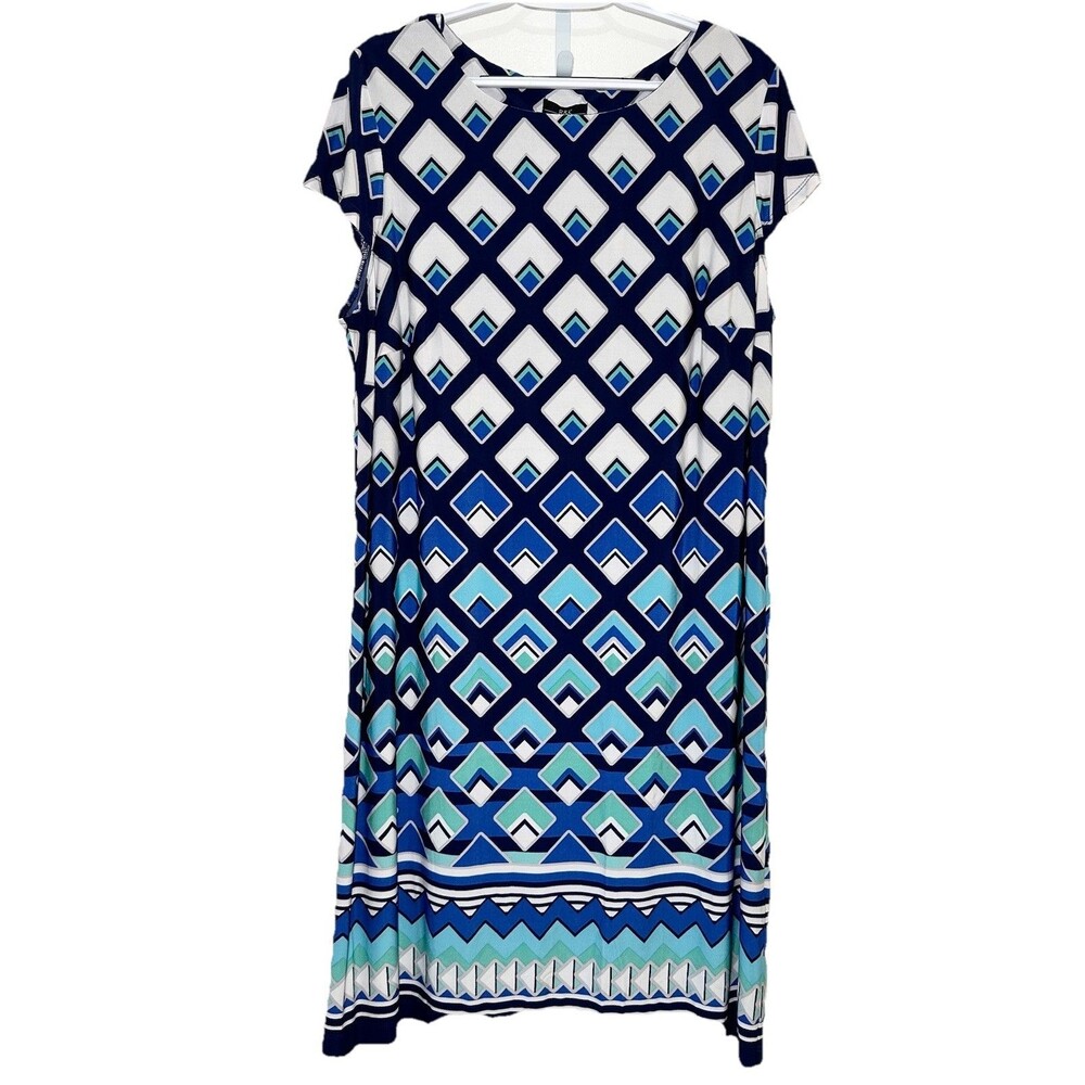 R&K Women 16W Shift Dress Blue Geometric Short Sleeve NWT Plus Size